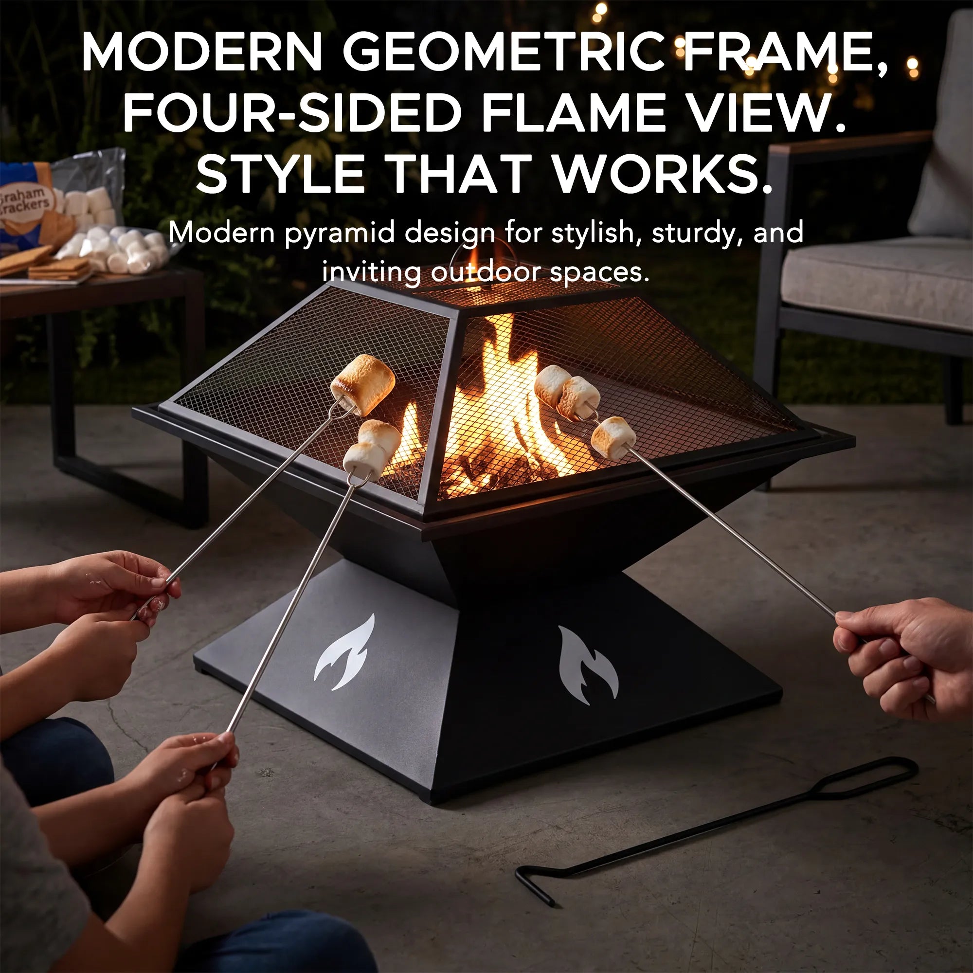 SUNJOY 20 Inch Modern Square Steel Fire Pit with Mesh Spark Screen & Stable Base