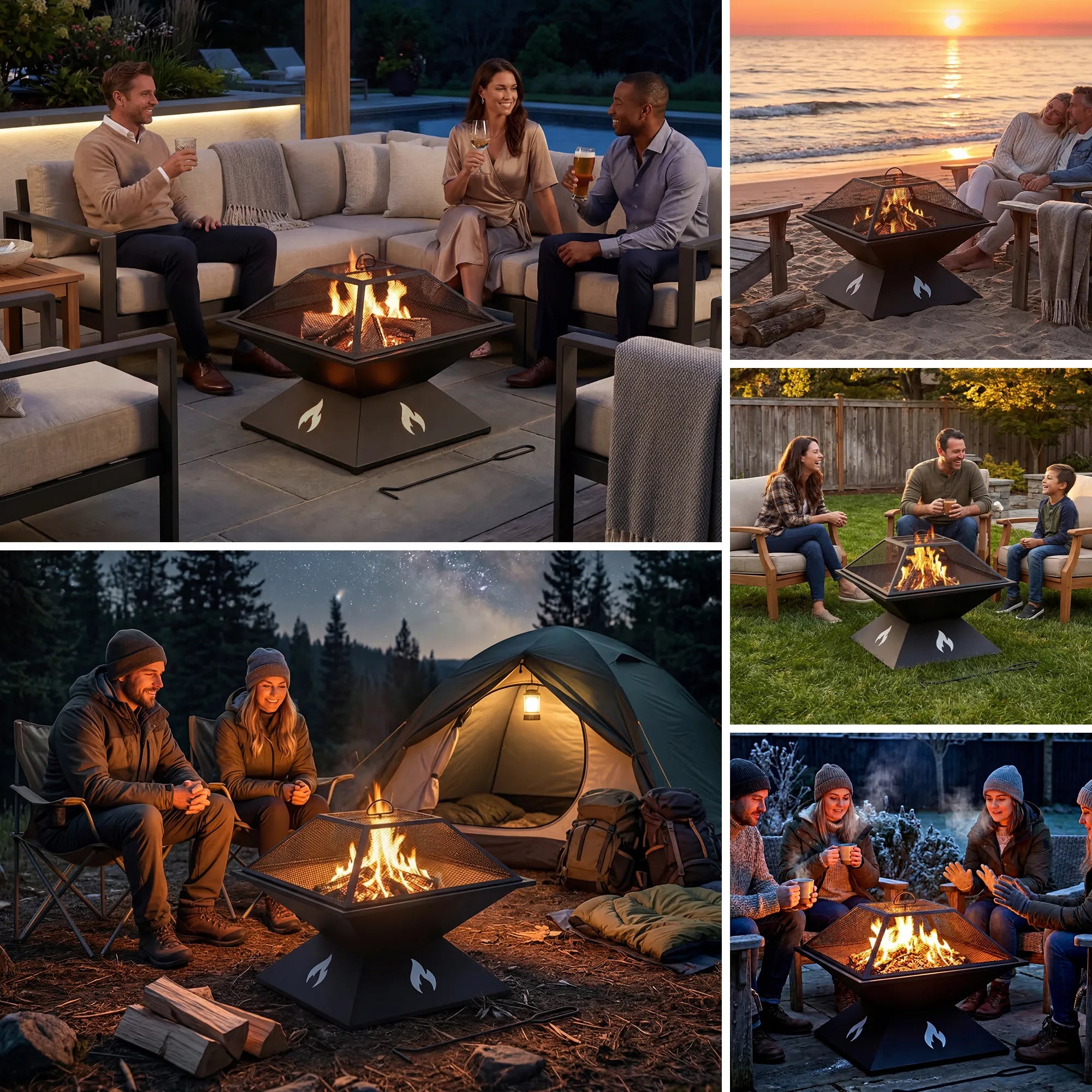 SUNJOY 20 Inch Modern Square Steel Fire Pit with Mesh Spark Screen & Stable Base