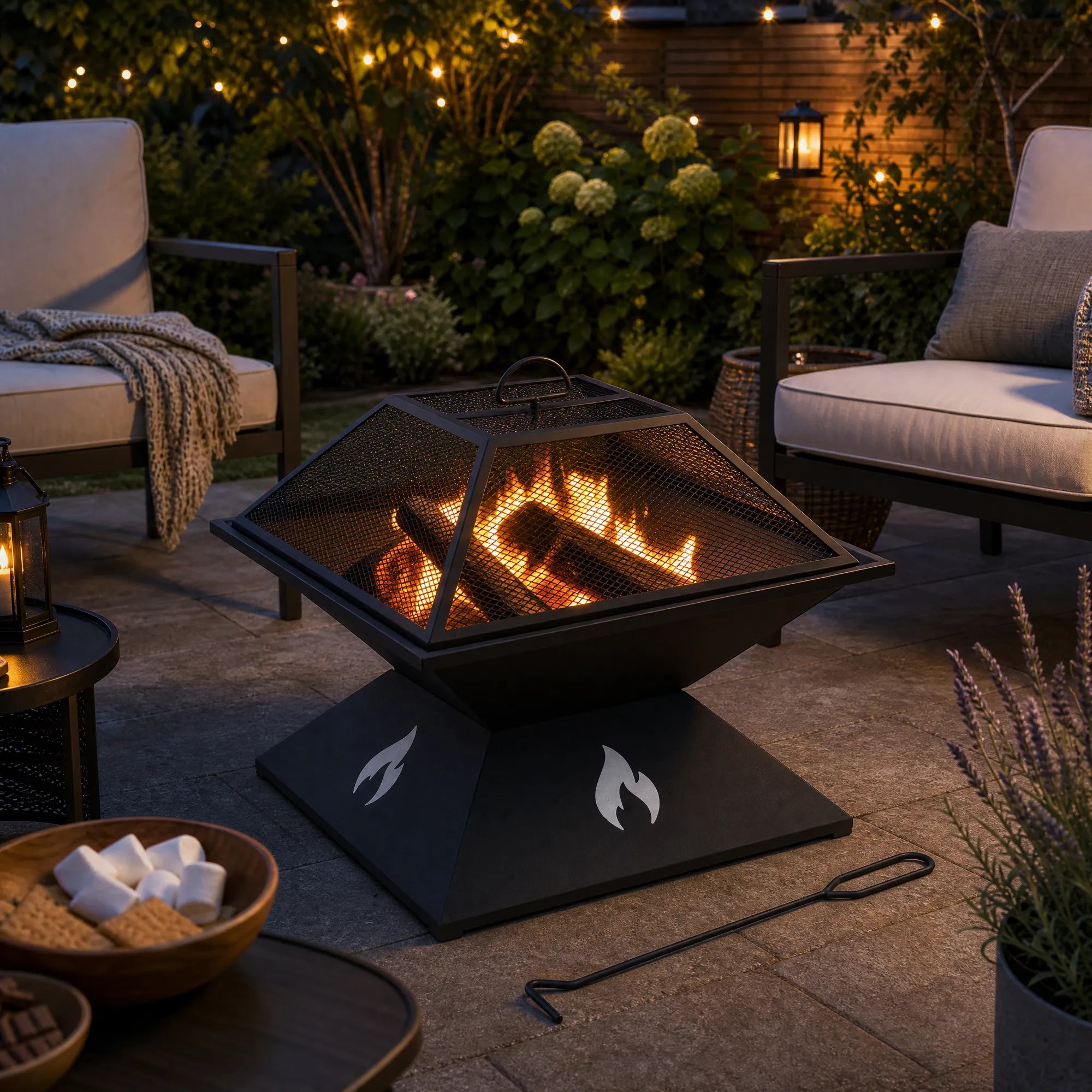 Compact Square Steel Fire Pit 20" Geometric Base