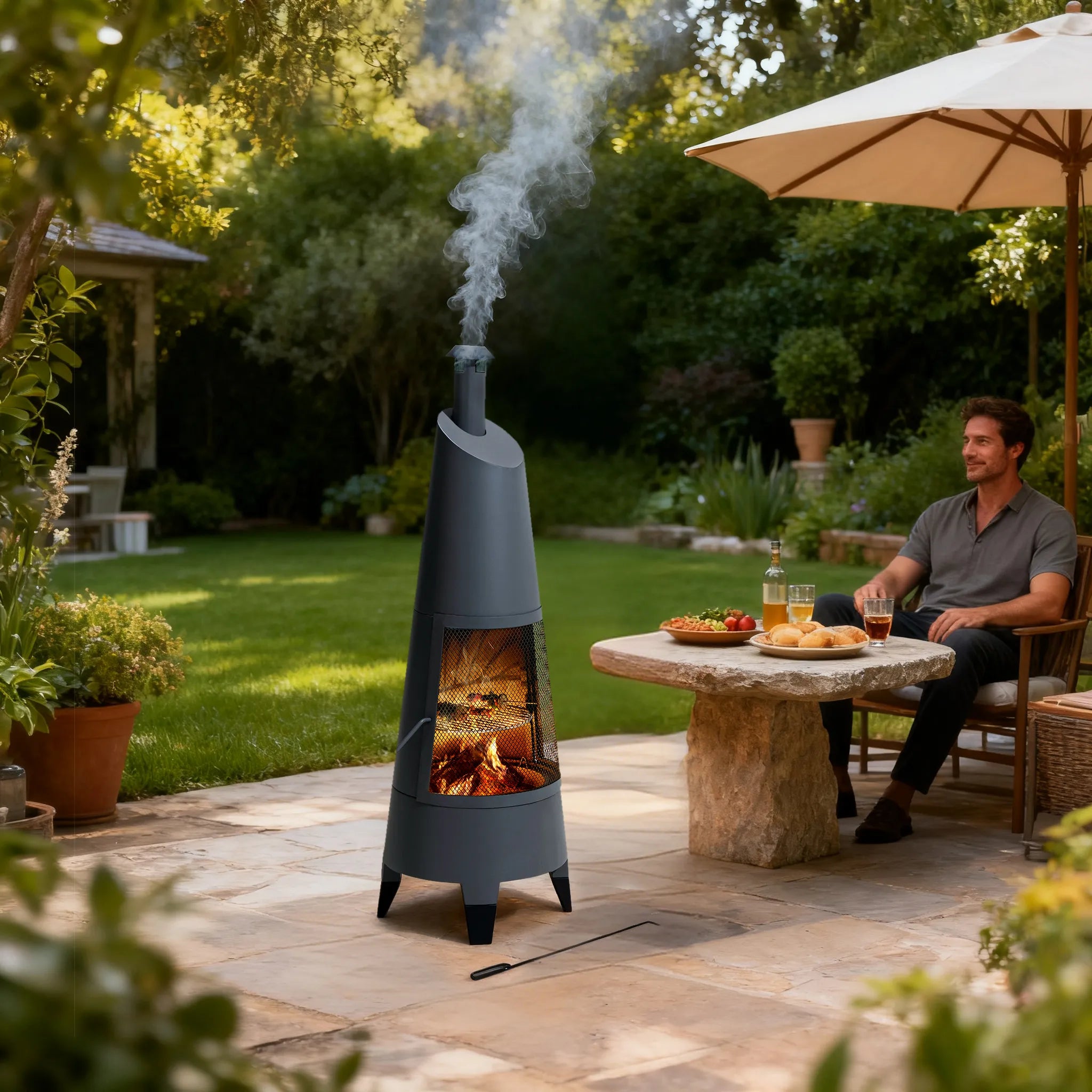 SUNJOY 57 Inch 2-in-1 Chiminea Fire Pit & Grill with Removable Grill Mesh, Chimney and PVC Cover - Gray