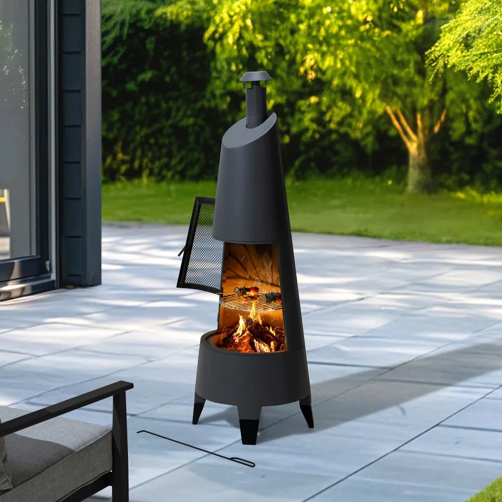 SUNJOY 57 Inch 2-in-1 Outdoor Fire Pit & Grill with Removable Stainless Steel Grill Grate, PVC Cover, and Mesh Safety Screen Door- Gray