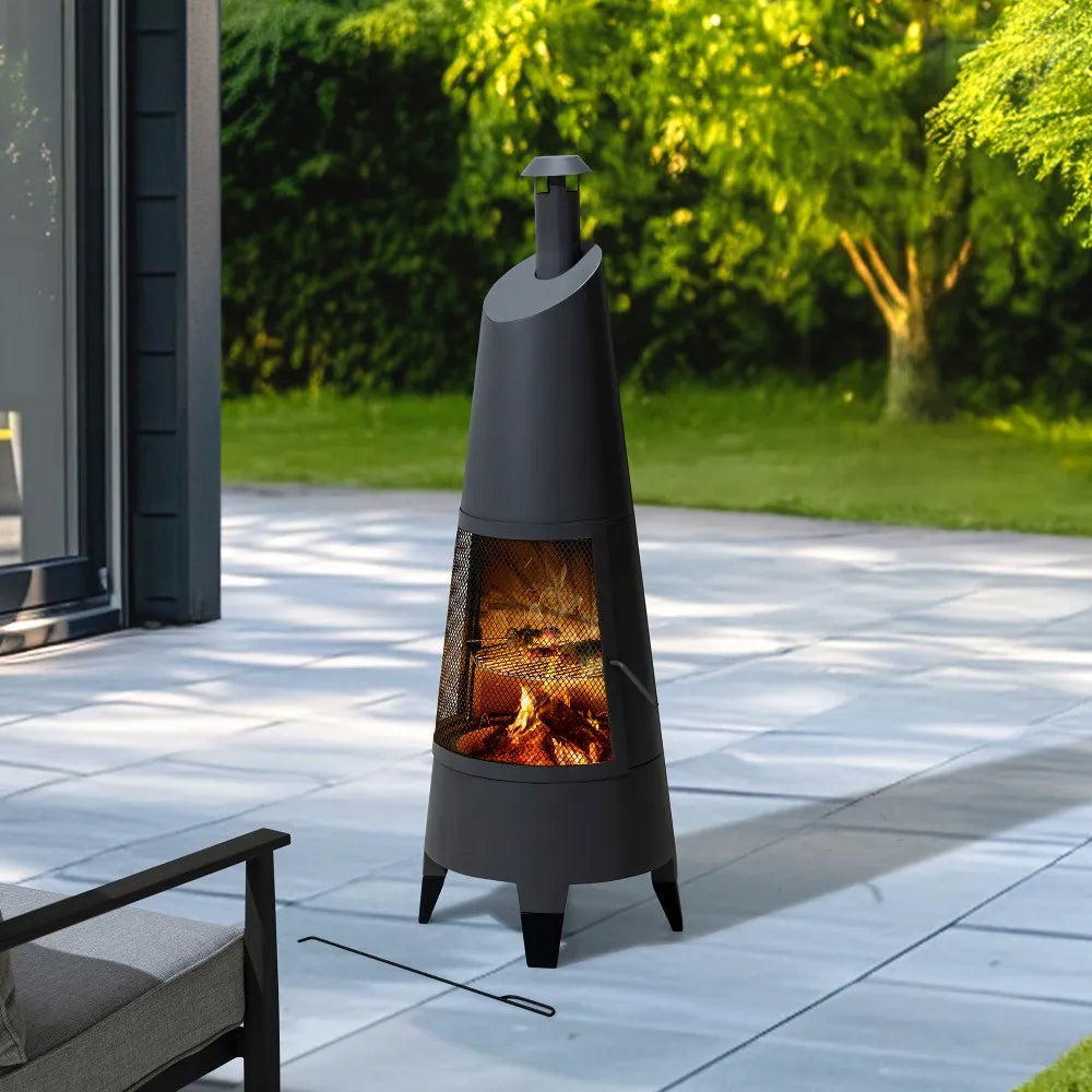 SUNJOY 57 Inch 2-in-1 Outdoor Fire Pit & Grill with Removable Stainless Steel Grill Grate, PVC Cover, and Mesh Safety Screen Door- Gray