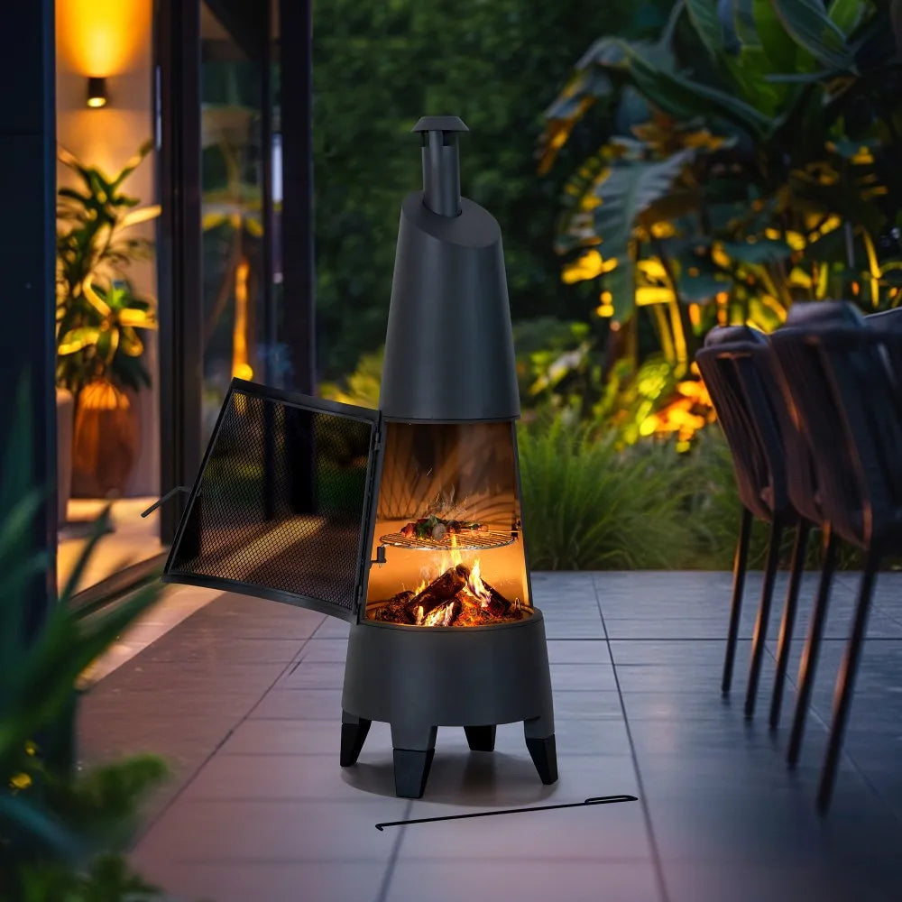 SUNJOY 57 Inch 2-in-1 Outdoor Fire Pit & Grill with Removable Stainless Steel Grill Grate, PVC Cover, and Mesh Safety Screen Door- Gray