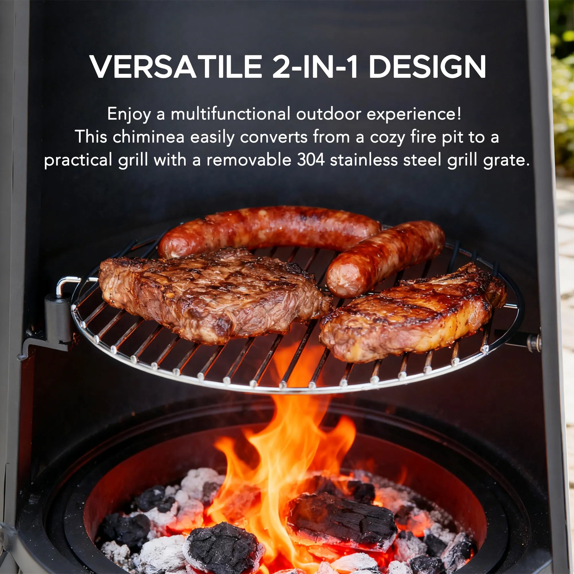 SUNJOY 57 Inch 2-in-1 Outdoor Fire Pit & Grill with Removable Stainless Steel Grill Grate, PVC Cover, and Mesh Safety Screen Door - Black