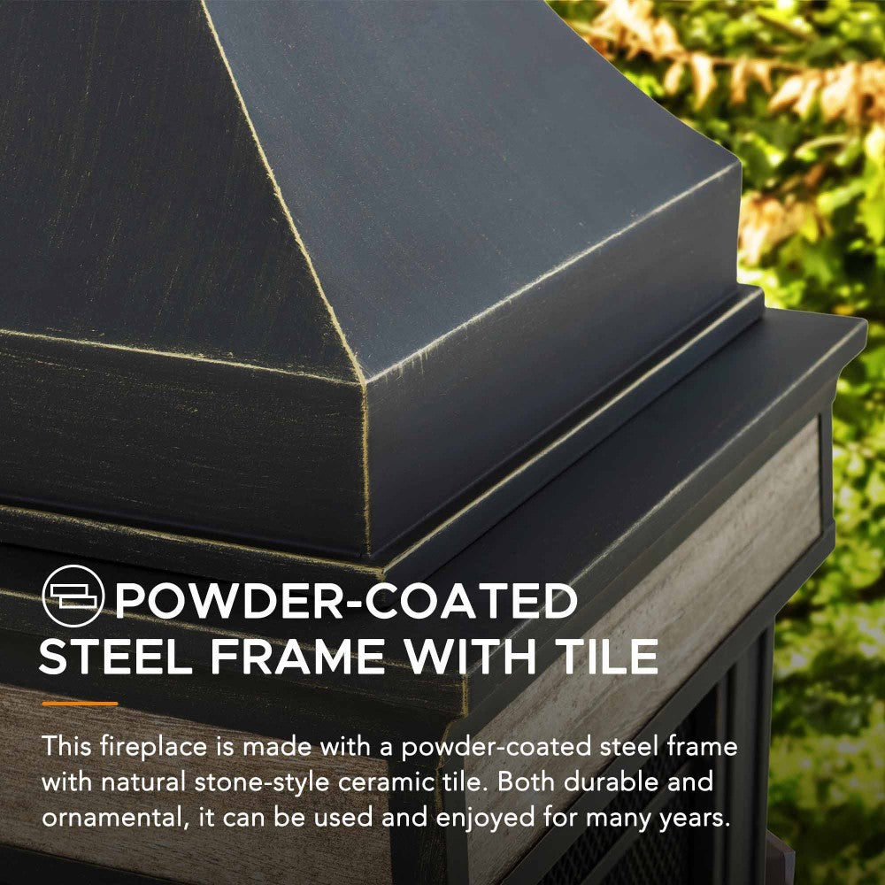 SUNJOY Outdoor 57 Inch Steel Wood Burning Fireplace with Chimney and Rain Cover - Black & Golden