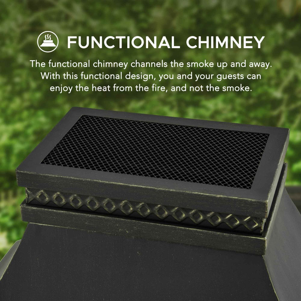 SUNJOY Outdoor 57 Inch Steel Wood Burning Fireplace with Chimney and Rain Cover - Black & Golden