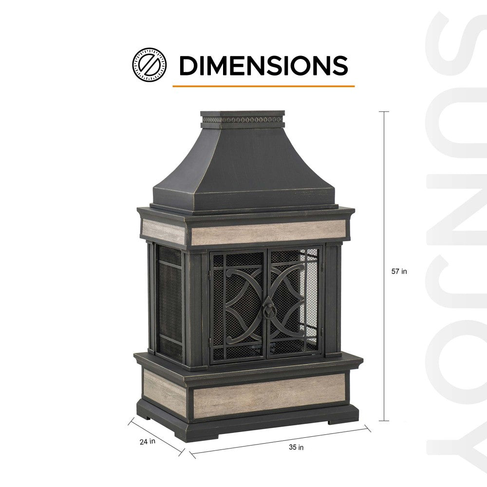 SUNJOY Outdoor 57 Inch Steel Wood Burning Fireplace with Chimney and Rain Cover - Black & Golden