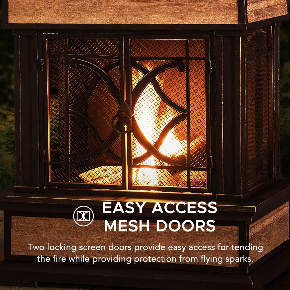 SUNJOY Outdoor 57 Inch Steel Wood Burning Fireplace with Chimney and Rain Cover - Black & Golden