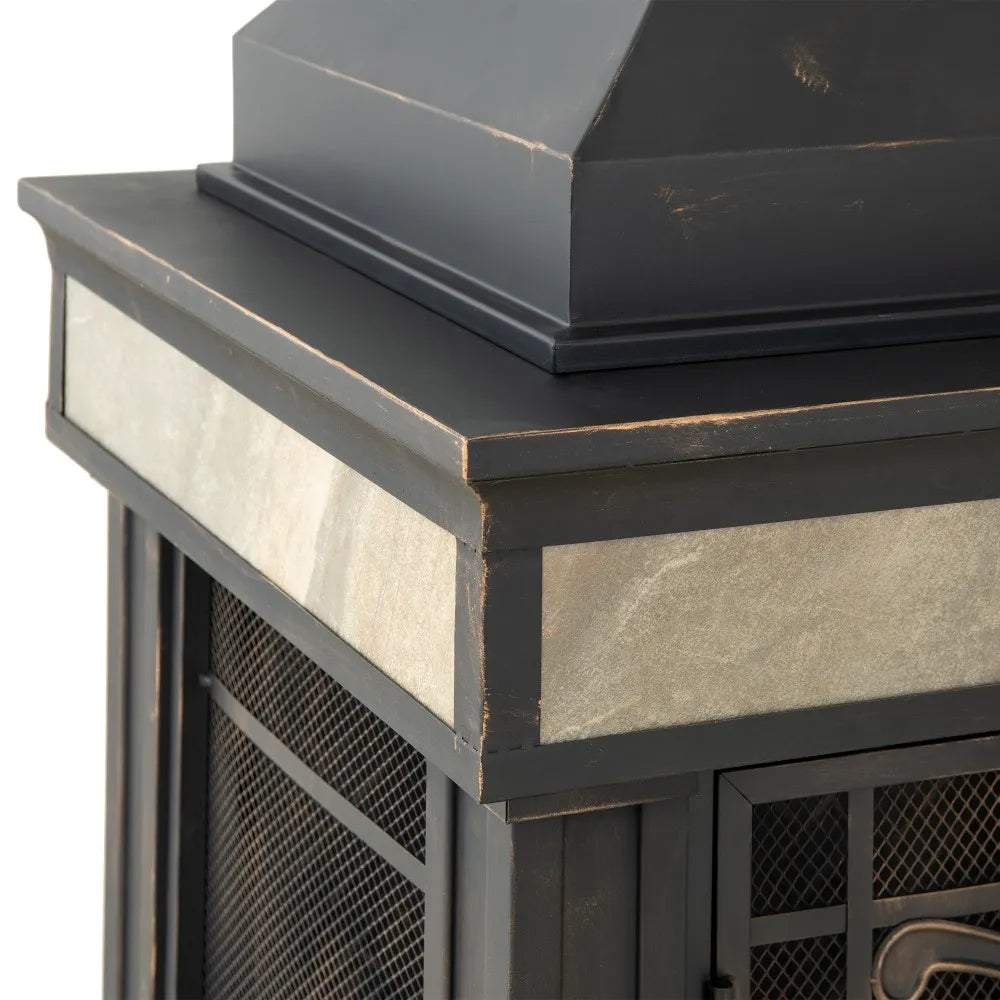 SUNJOY Outdoor 57 Inch Steel Wood Burning Fireplace with Chimney and Rain Cover - Black & Golden