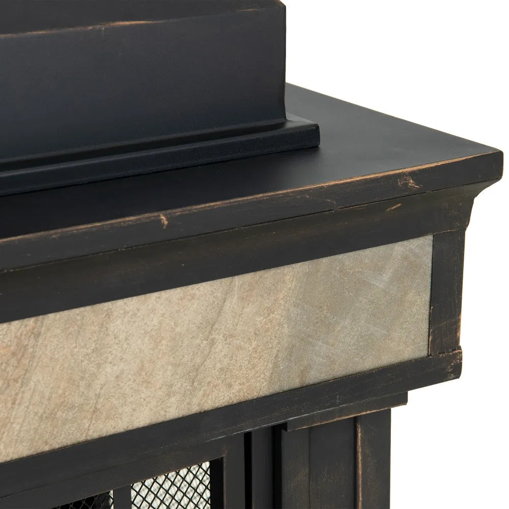 SUNJOY Outdoor 57 Inch Steel Wood Burning Fireplace with Chimney and Rain Cover - Black & Golden