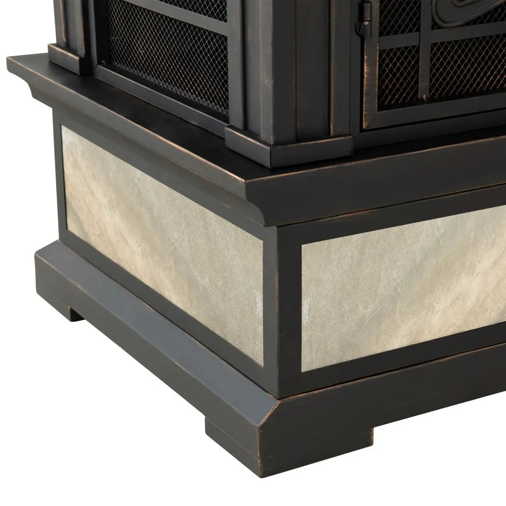 SUNJOY Outdoor 57 Inch Steel Wood Burning Fireplace with Chimney and Rain Cover - Black & Golden