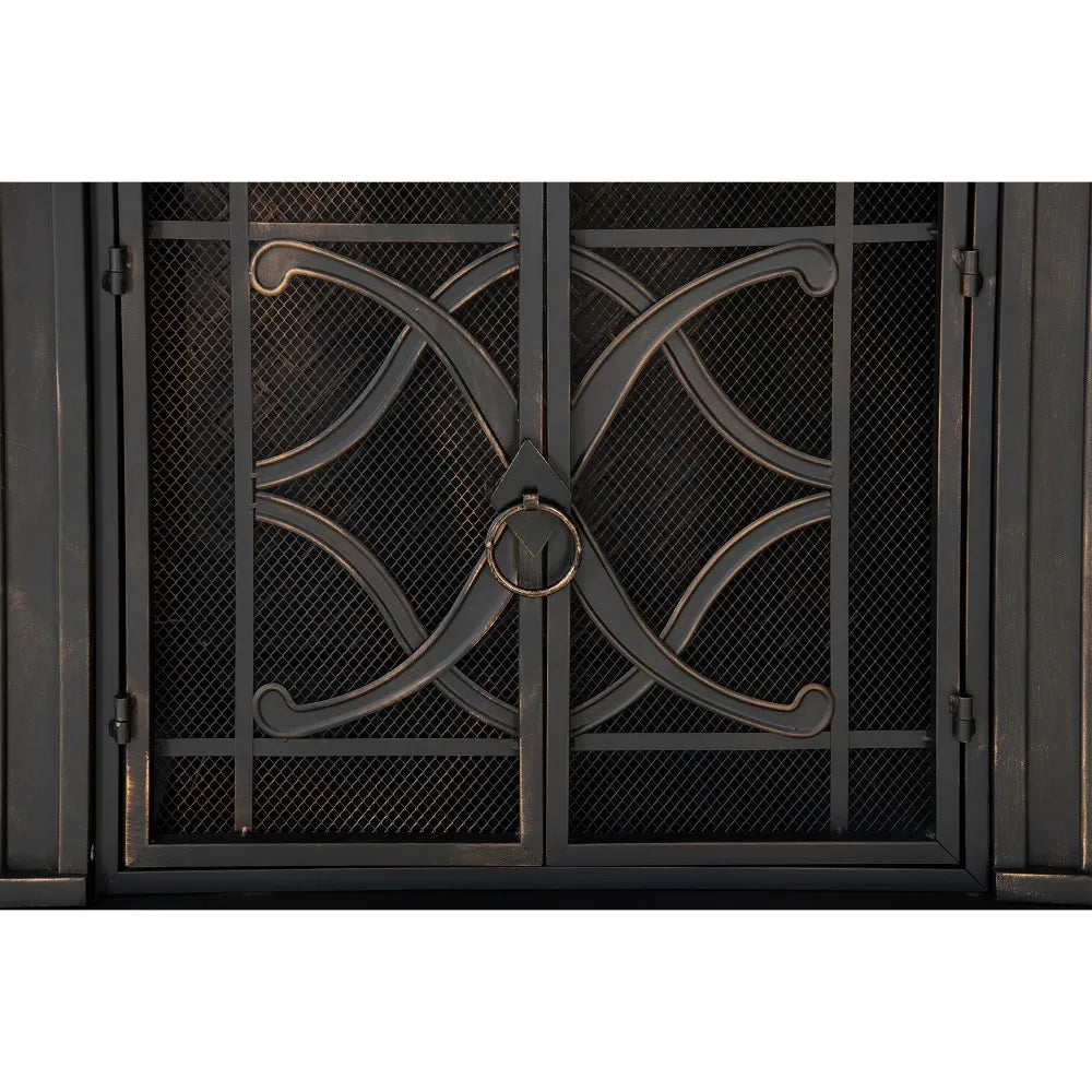 SUNJOY Outdoor 57 Inch Steel Wood Burning Fireplace with Chimney and Rain Cover - Black & Golden