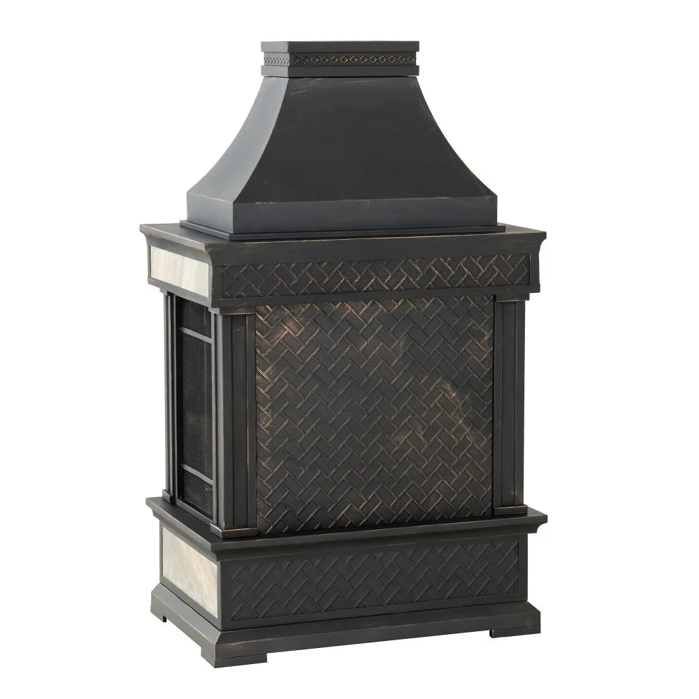 SUNJOY Outdoor 57 Inch Steel Wood Burning Fireplace with Chimney and Rain Cover - Black & Golden