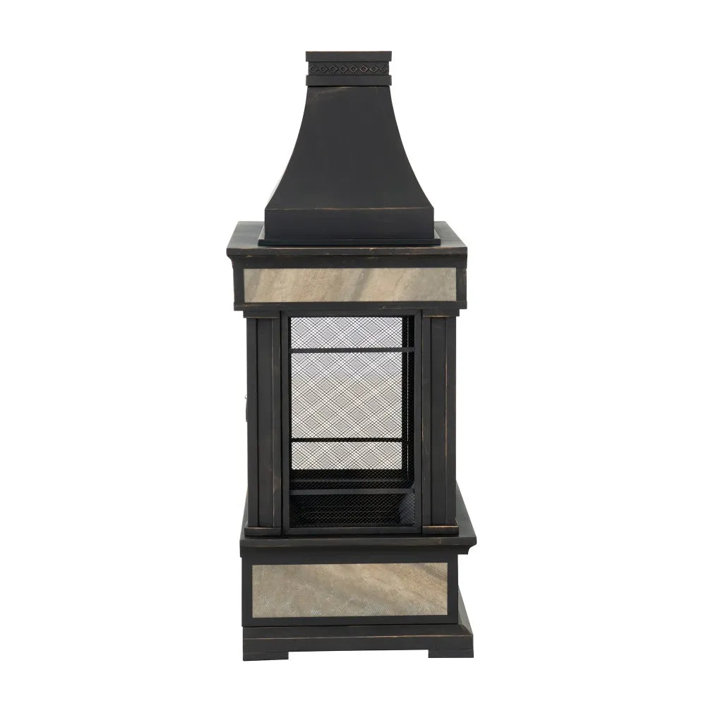 SUNJOY Outdoor 57 Inch Steel Wood Burning Fireplace with Chimney and Rain Cover - Black & Golden