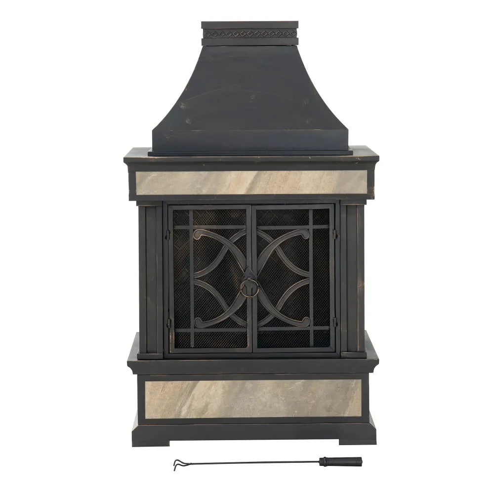SUNJOY Outdoor 57 Inch Steel Wood Burning Fireplace with Chimney and Rain Cover - Black & Golden