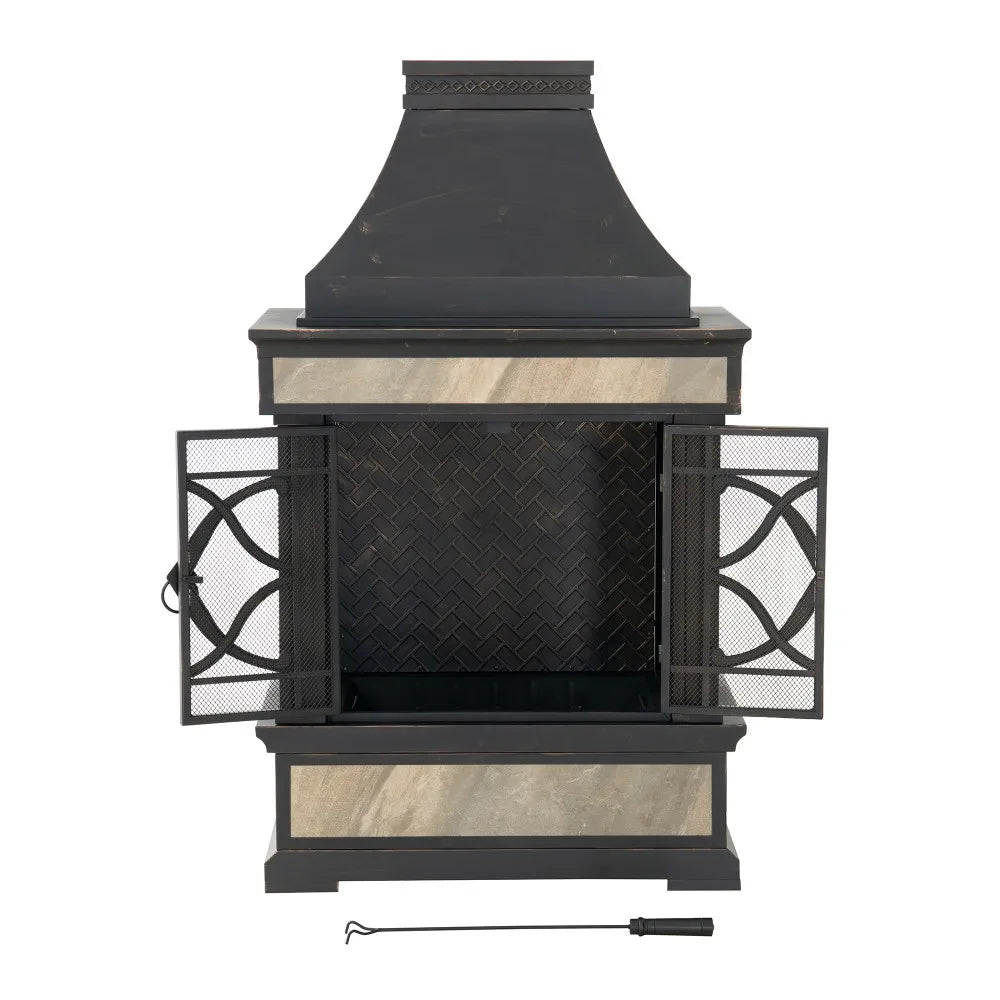 SUNJOY Outdoor 57 Inch Steel Wood Burning Fireplace with Chimney and Rain Cover - Black & Golden