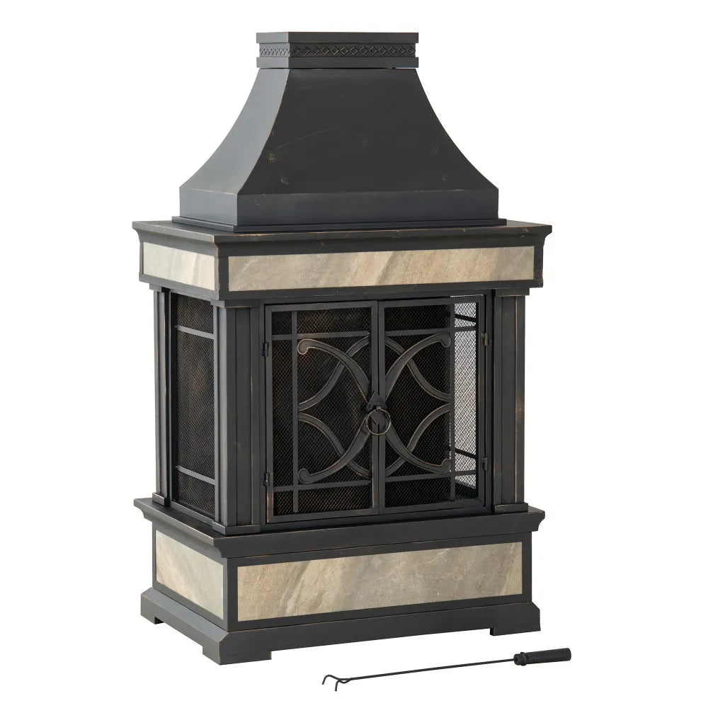 SUNJOY Outdoor 57 Inch Steel Wood Burning Fireplace with Chimney and Rain Cover - Copper & Gray