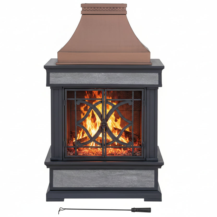 SUNJOY Outdoor 57 Inch Steel Wood Burning Fireplace with Chimney and Rain Cover - Copper & Gray