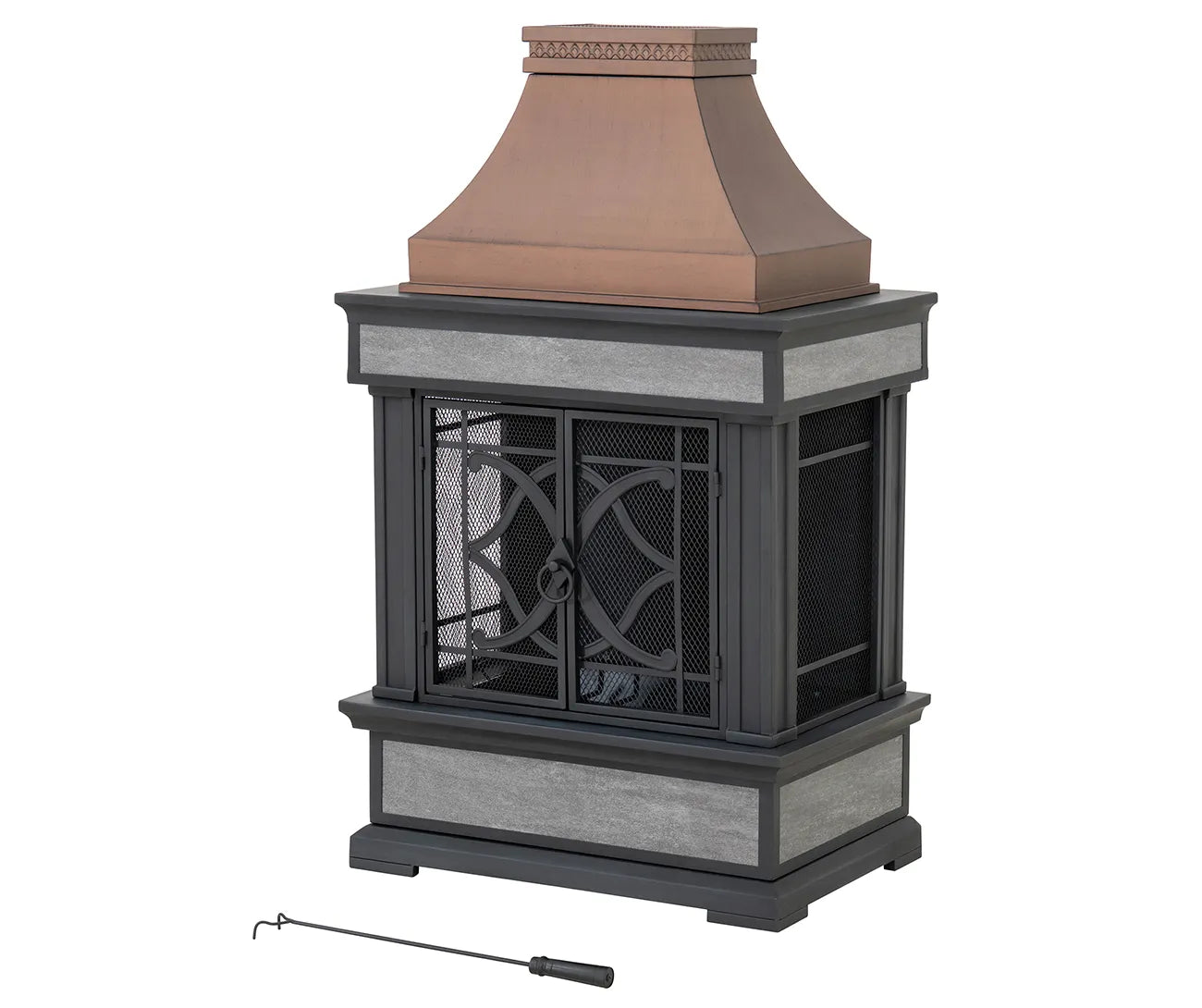 SUNJOY Outdoor 57 Inch Steel Wood Burning Fireplace with Chimney and Rain Cover - Copper & Gray