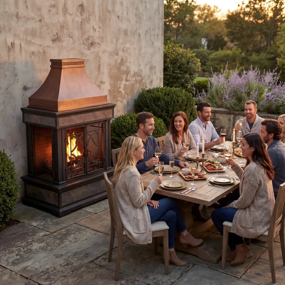 SUNJOY Outdoor 57 Inch Steel Wood Burning Fireplace with Chimney and Rain Cover - Copper & Gray