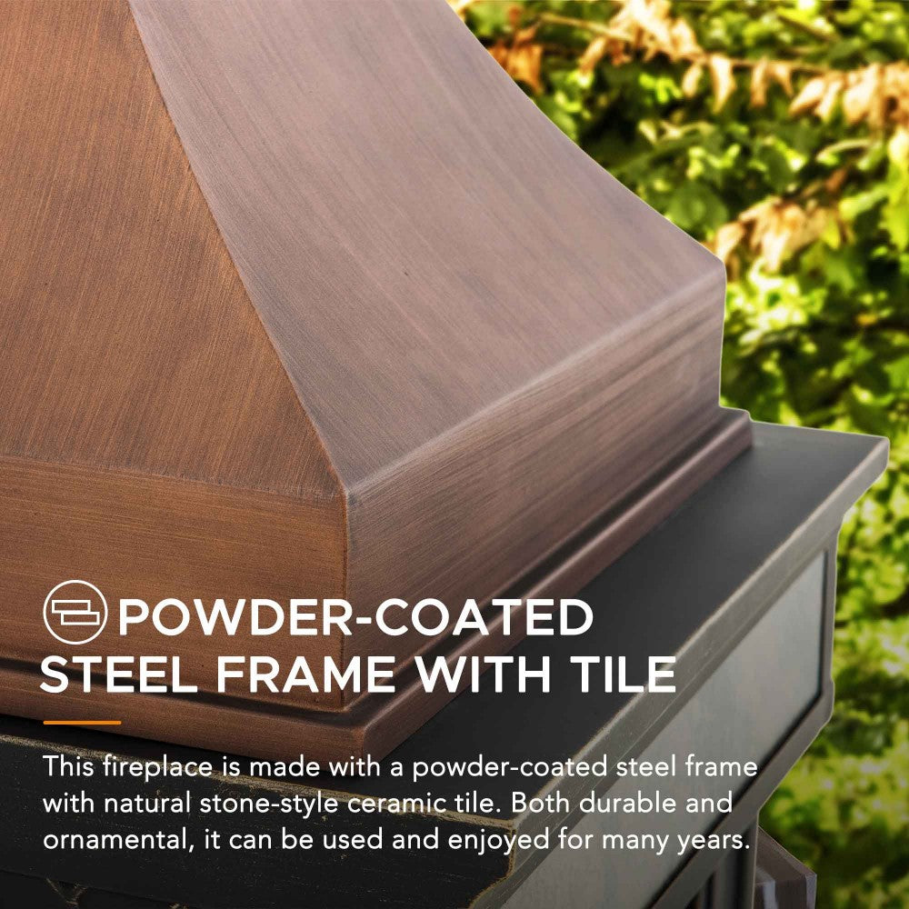 SUNJOY Outdoor 57 Inch Steel Wood Burning Fireplace with Chimney and Rain Cover - Copper & Gray