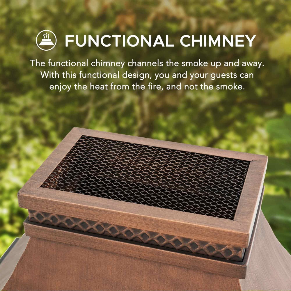 SUNJOY Outdoor 57 Inch Steel Wood Burning Fireplace with Chimney and Rain Cover - Copper & Gray
