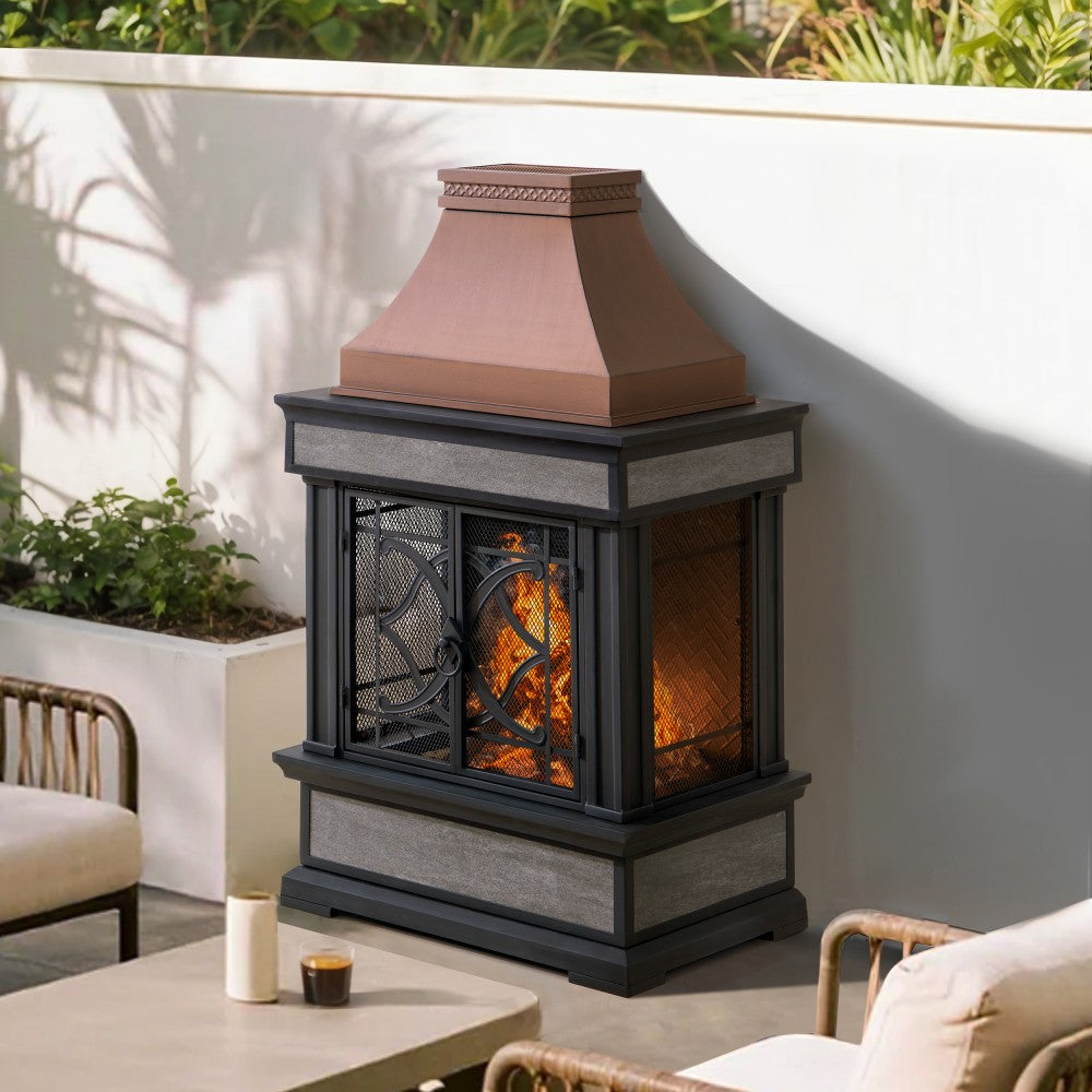 SUNJOY Outdoor 57 Inch Steel Wood Burning Fireplace with Chimney and Rain Cover - Copper & Gray