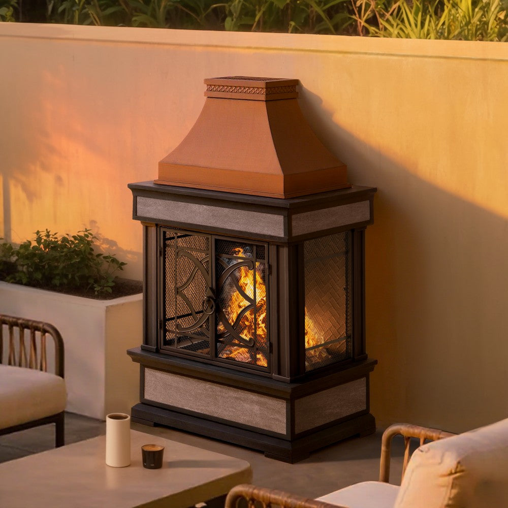 SUNJOY Outdoor 57 Inch Steel Wood Burning Fireplace with Chimney and Rain Cover - Copper & Gray