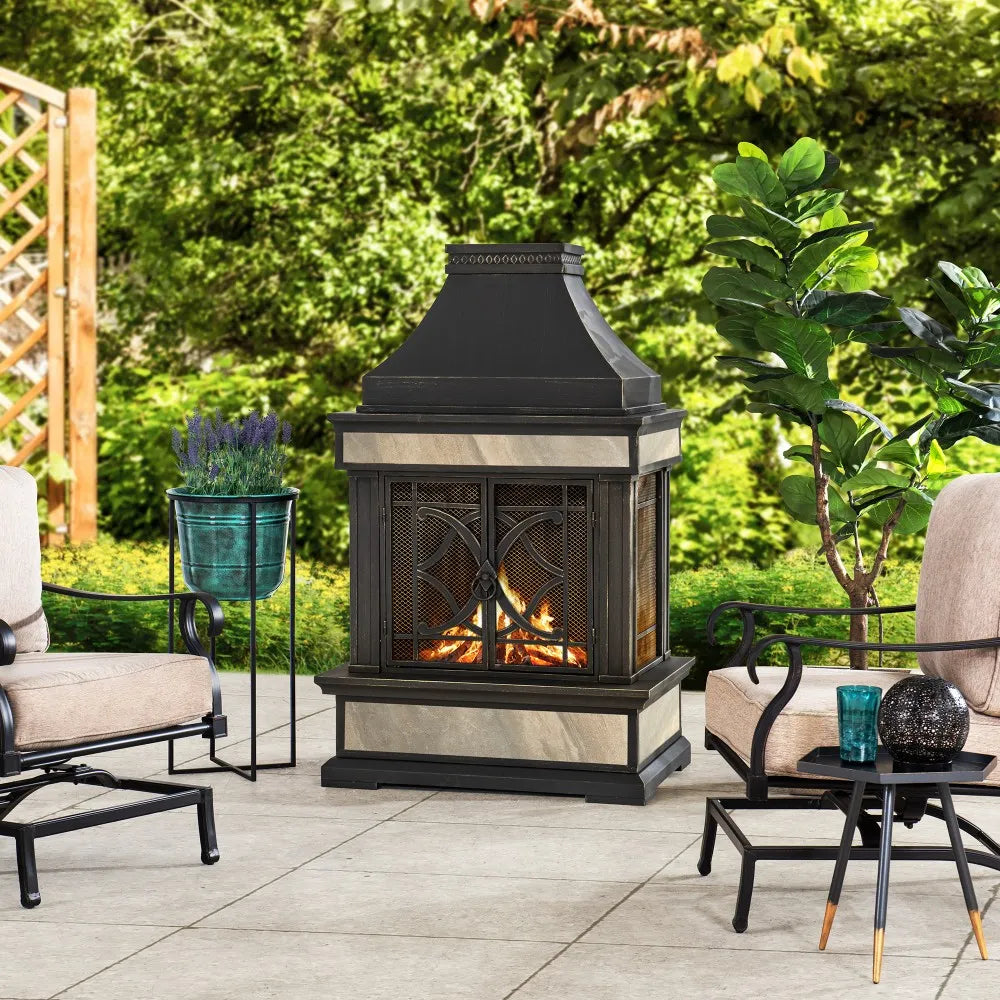 SUNJOY Outdoor 57 Inch Steel Wood Burning Fireplace with Chimney and Rain Cover - Black & Golden