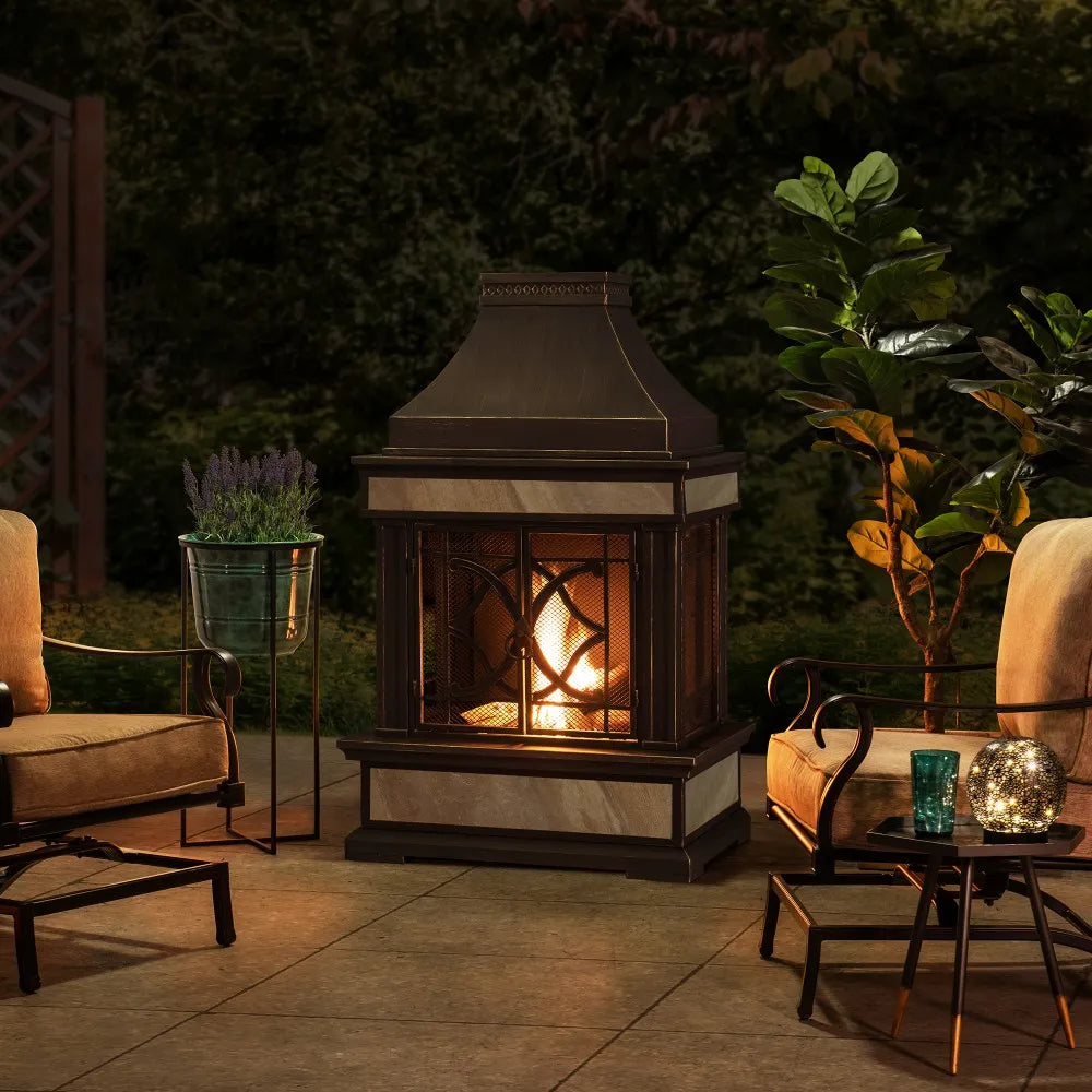 SUNJOY Outdoor 57 Inch Steel Wood Burning Fireplace with Chimney and Rain Cover - Black & Golden