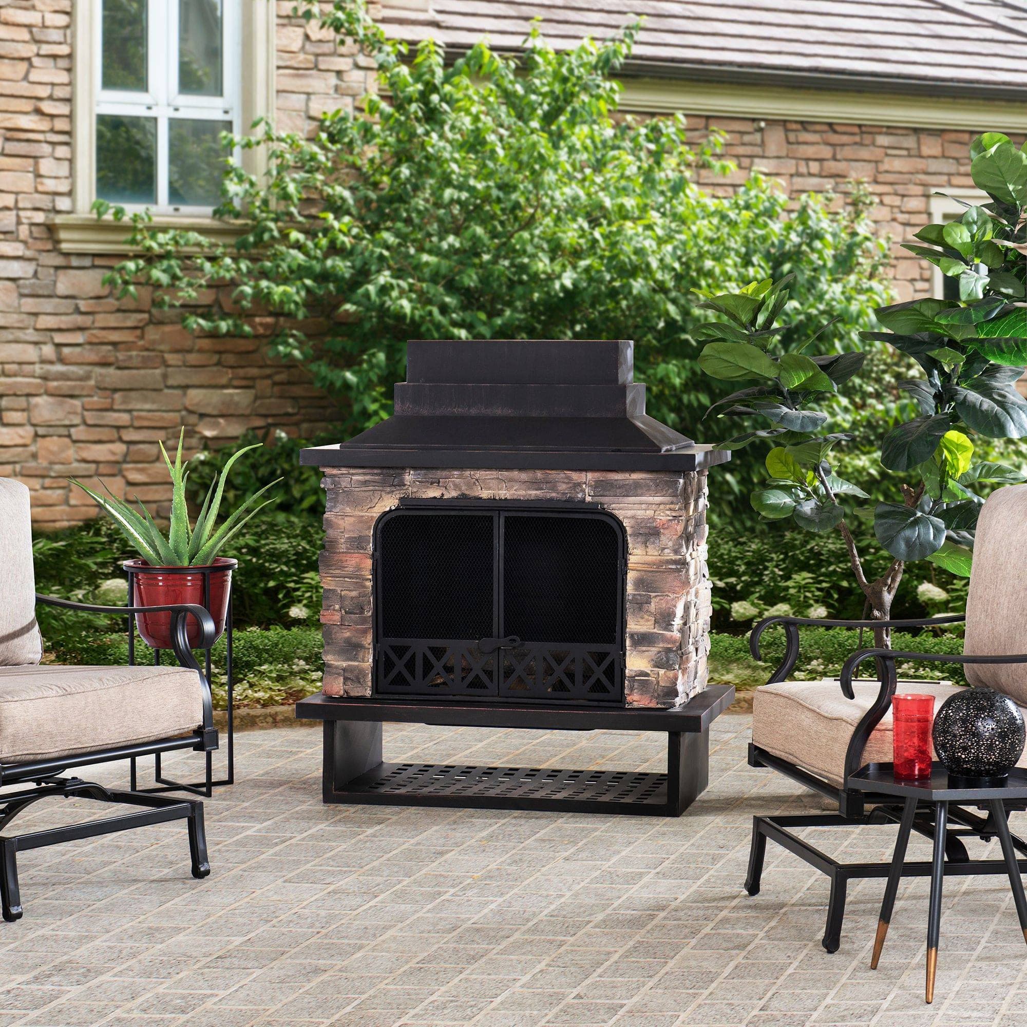 SUNJOY Outdoor 48 Inch Black Steel Wood Burning Stone Fireplace with Fire Poker and Removable Grate