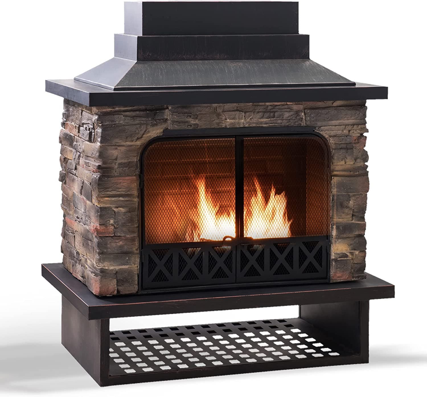 SUNJOY Outdoor 48 Inch Black Steel Wood Burning Stone Fireplace with Fire Poker and Removable Grate