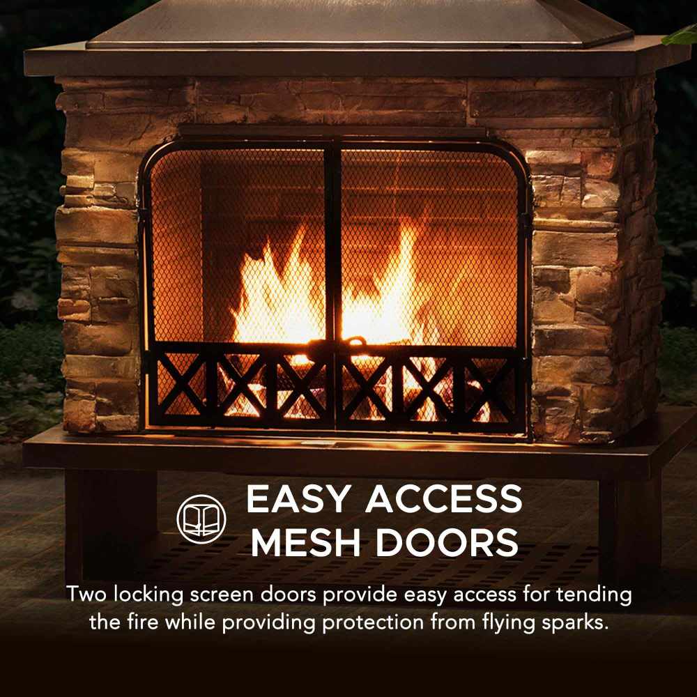 SUNJOY Outdoor 48 Inch Black Steel Wood Burning Stone Fireplace with Fire Poker and Removable Grate