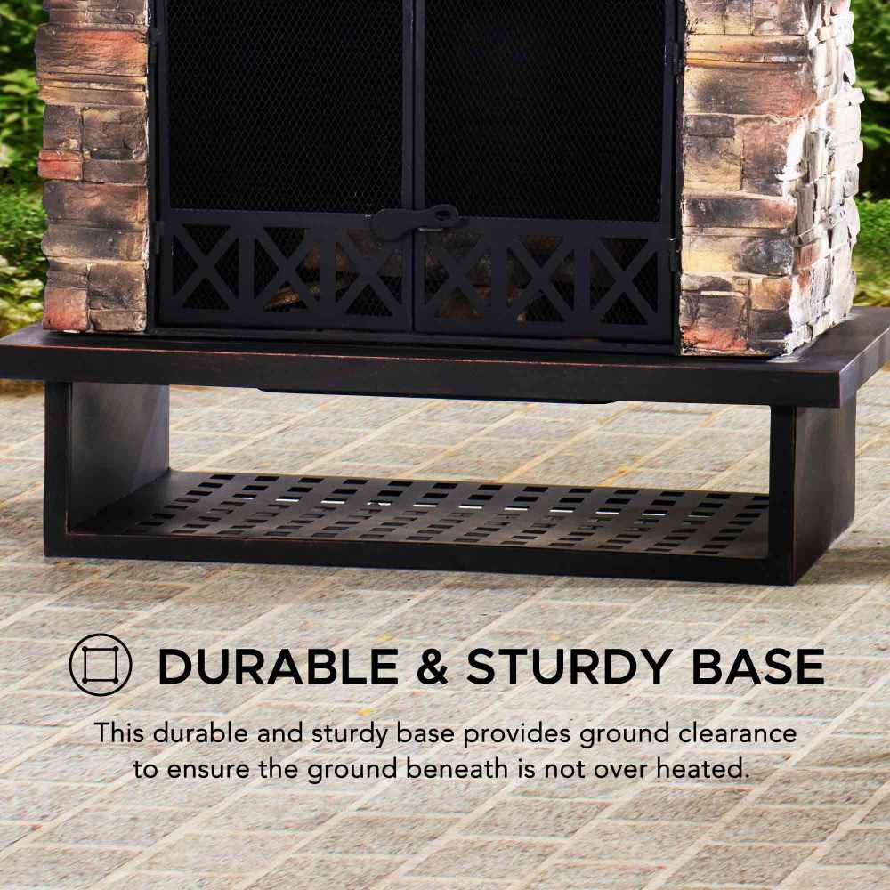 SUNJOY Outdoor 48 Inch Black Steel Wood Burning Stone Fireplace with Fire Poker and Removable Grate