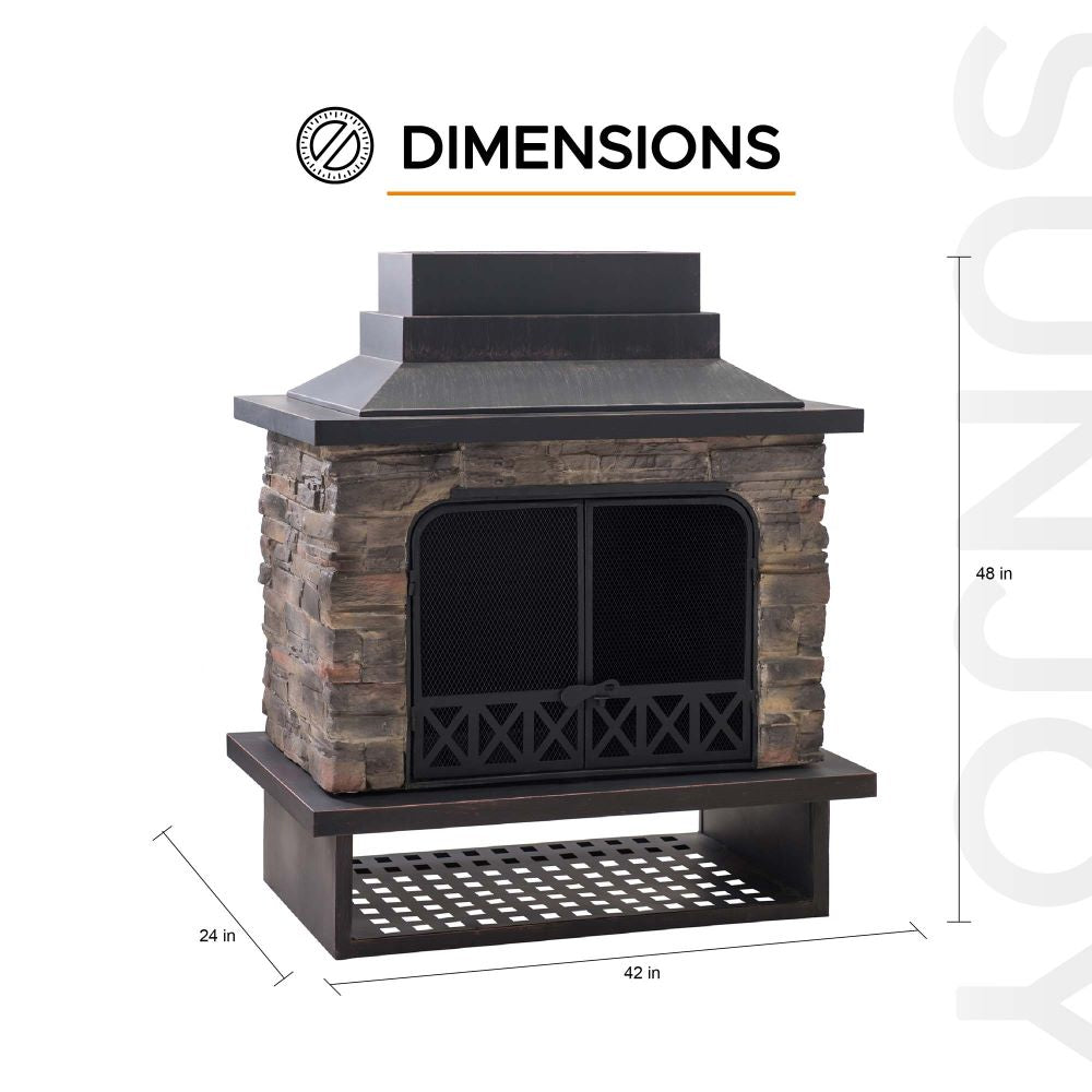 SUNJOY Outdoor 48 Inch Black Steel Wood Burning Stone Fireplace with Fire Poker and Removable Grate