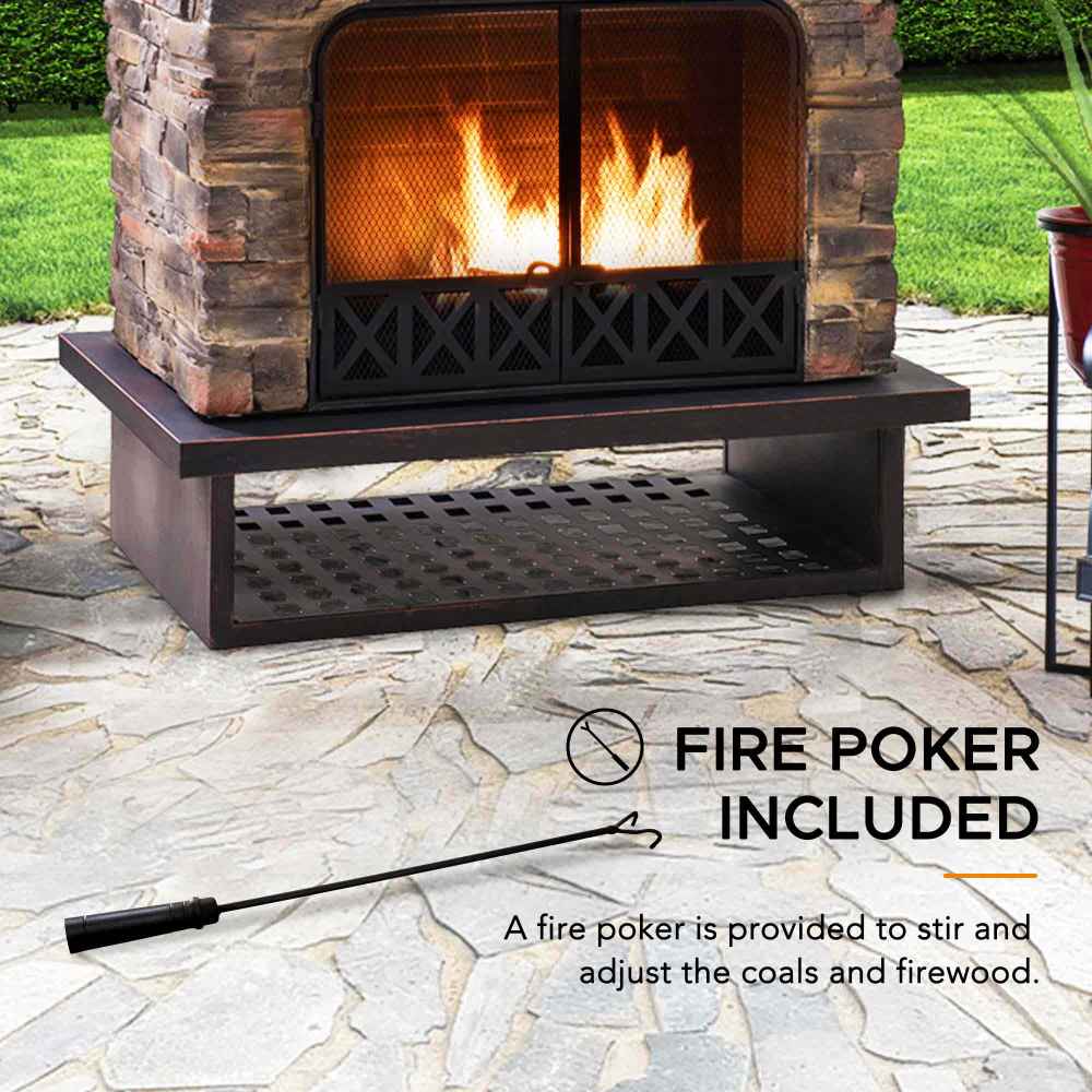 SUNJOY Outdoor 48 Inch Black Steel Wood Burning Stone Fireplace with Fire Poker and Removable Grate