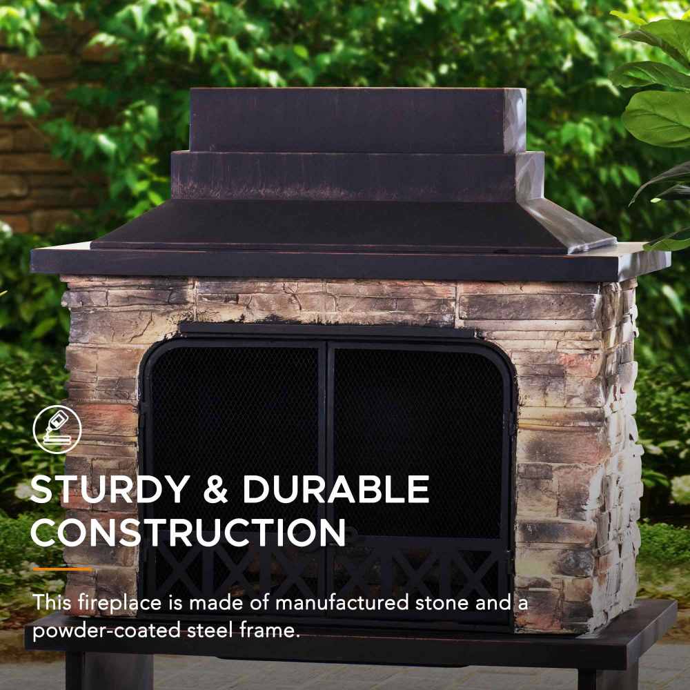 SUNJOY Outdoor 48 Inch Black Steel Wood Burning Stone Fireplace with Fire Poker and Removable Grate