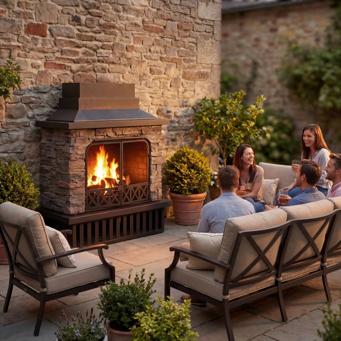 SUNJOY Outdoor 48 Inch Black Steel Wood Burning Stone Fireplace with Fire Poker and Removable Grate