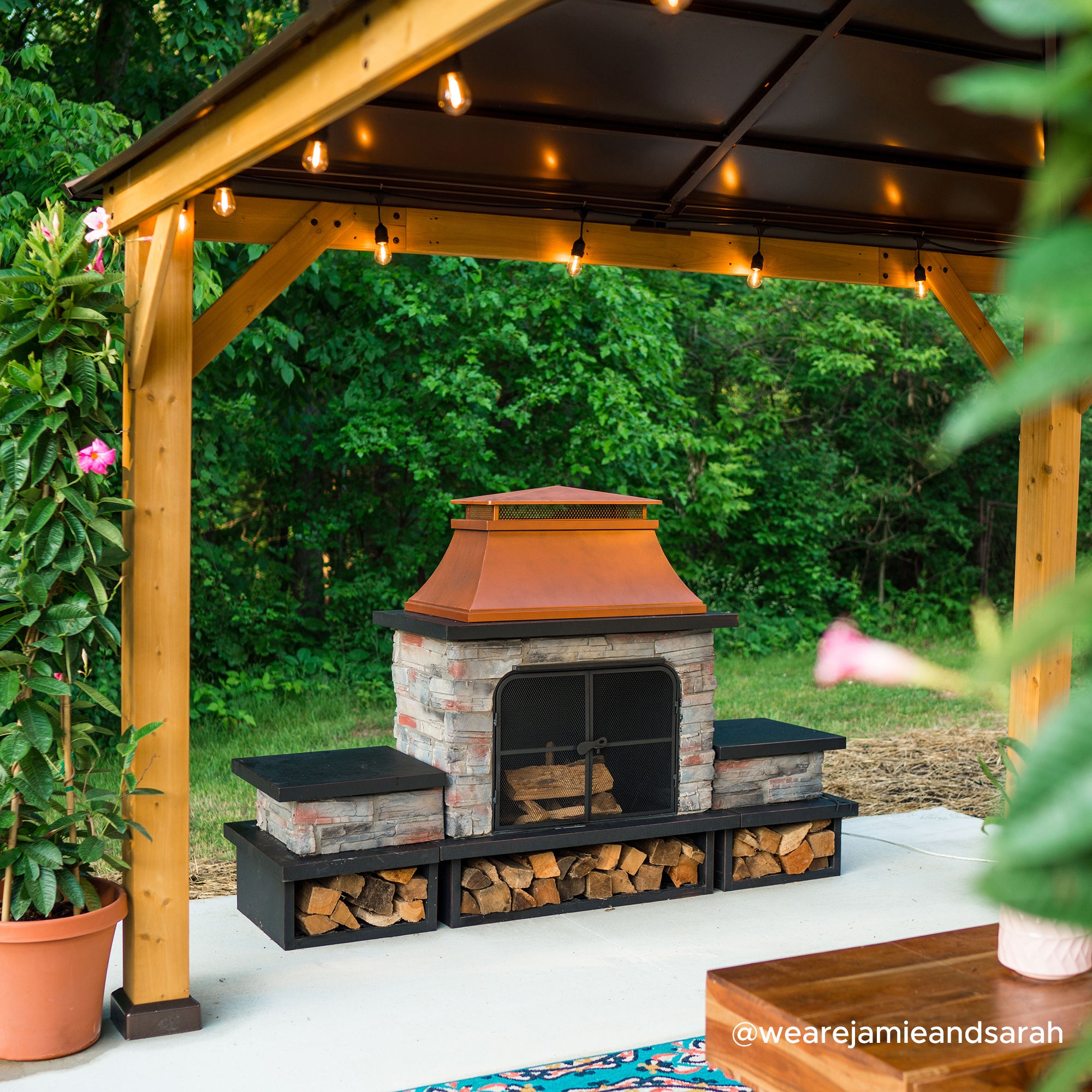 SUNJOY Outdoor 48 Inch Steel Wood Burning Stone Fireplace with Fire Poker and Removable Grate