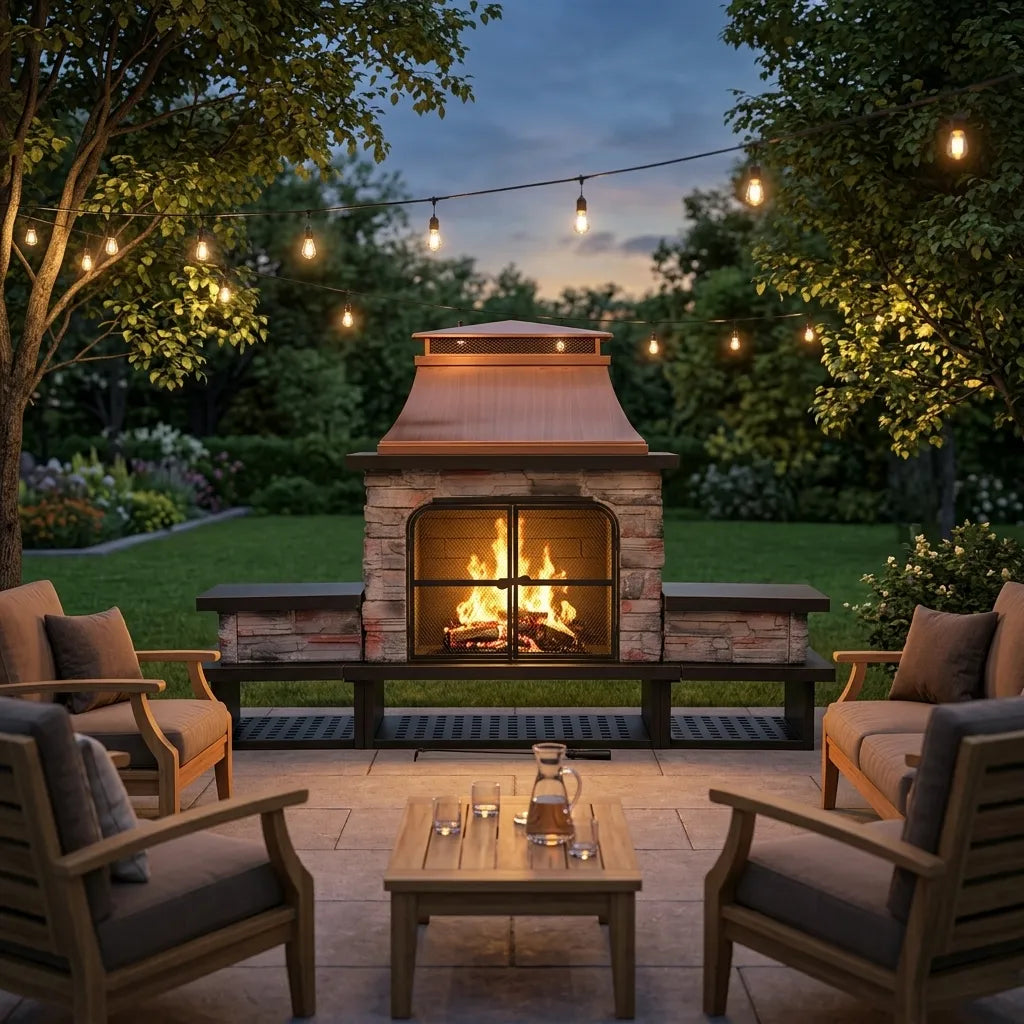 Canyon Stone Wood Burning Fireplace 82", with Log Holders - Copper