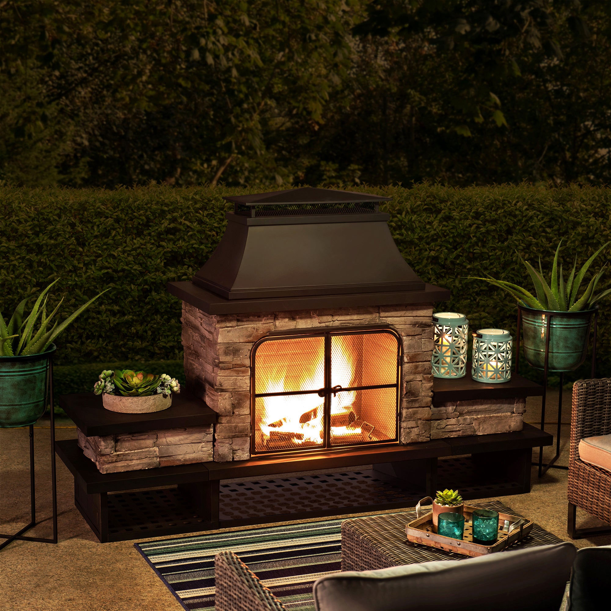 SUNJOY Outdoor 48 Inch Steel Wood Burning Stone Fireplace with Fire Poker and Removable Grate