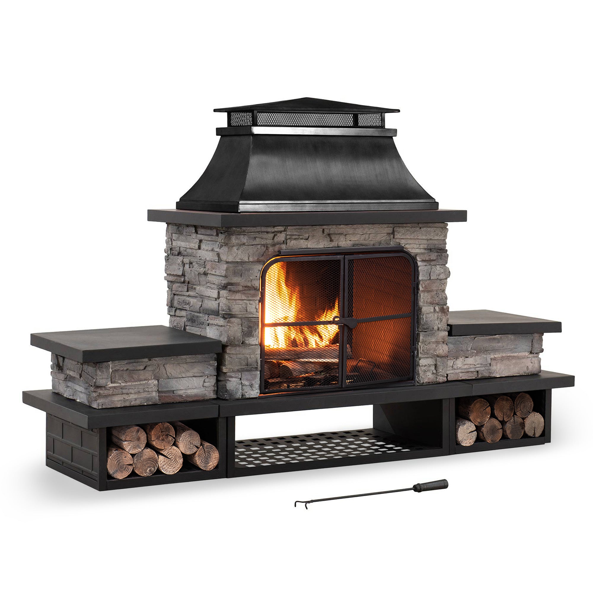 SUNJOY Outdoor 48 Inch Steel Wood Burning Stone Fireplace with Fire Poker and Removable Grate