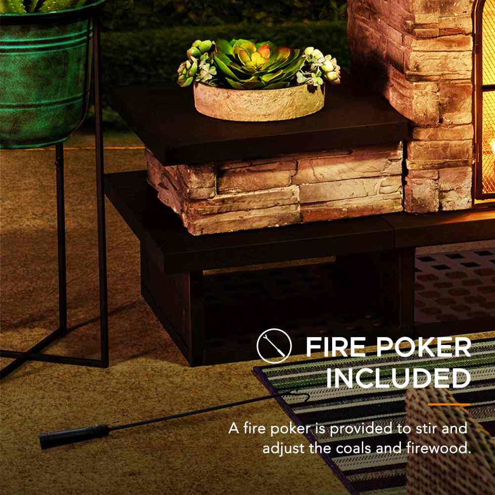 SUNJOY Outdoor 48 Inch Steel Wood Burning Stone Fireplace with Fire Poker and Removable Grate