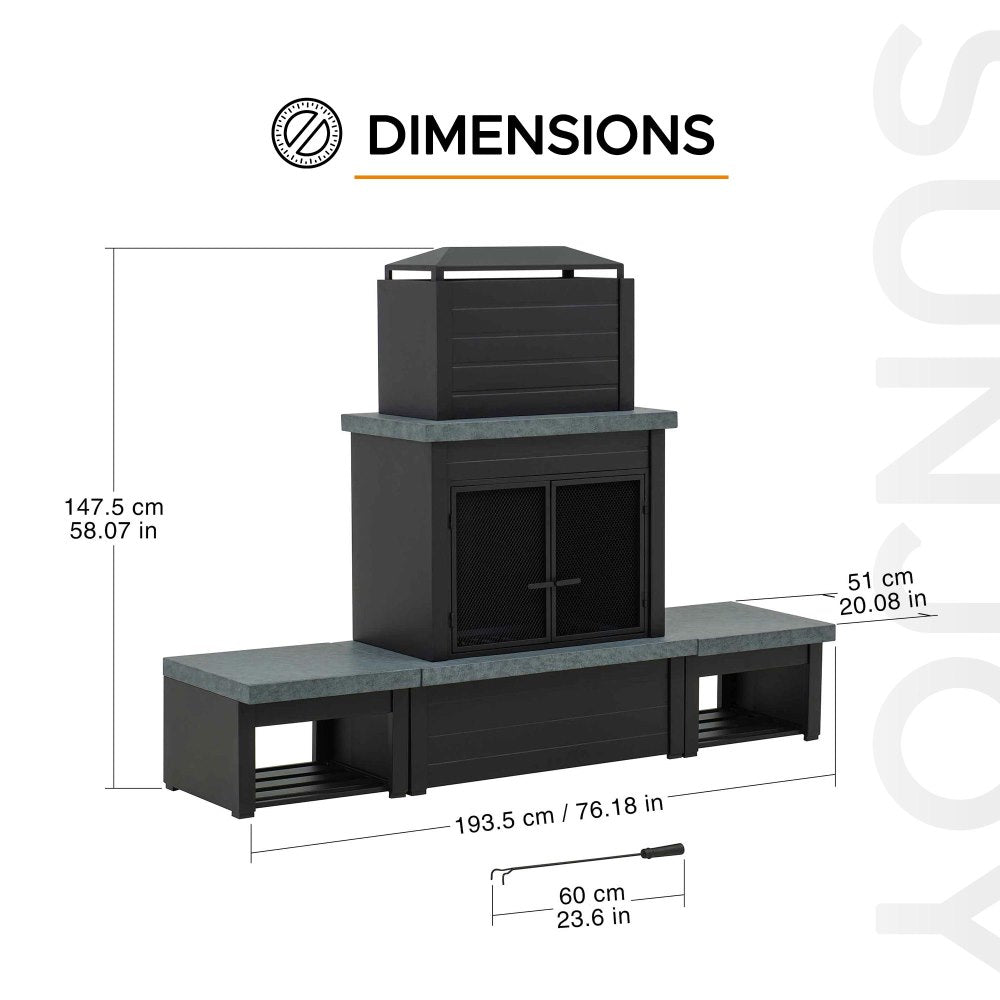 SUNJOY 58 Inch Wood Burning Fireplace, Steel Outdoor Fireplace with Chimney, Log Holders, Fireplace Tool, and PVC Cover