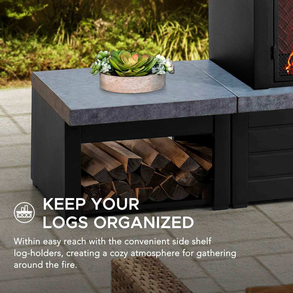 SUNJOY 58 Inch Wood Burning Fireplace, Steel Outdoor Fireplace with Chimney, Log Holders, Fireplace Tool, and PVC Cover