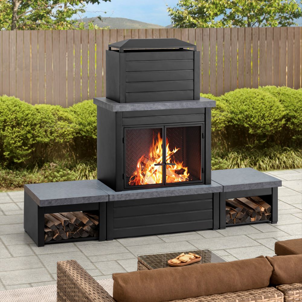 SUNJOY 58 Inch Wood Burning Fireplace, Steel Outdoor Fireplace with Chimney, Log Holders, Fireplace Tool, and PVC Cover