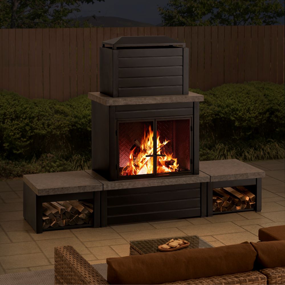 SUNJOY 58 Inch Wood Burning Fireplace, Steel Outdoor Fireplace with Chimney, Log Holders, Fireplace Tool, and PVC Cover