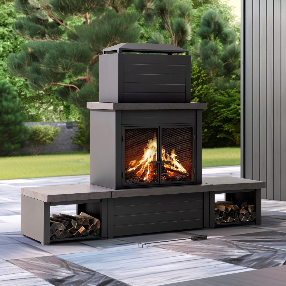 SUNJOY 58 Inch Wood Burning Fireplace, Steel Outdoor Fireplace with Chimney, Log Holders, Fireplace Tool, and PVC Cover