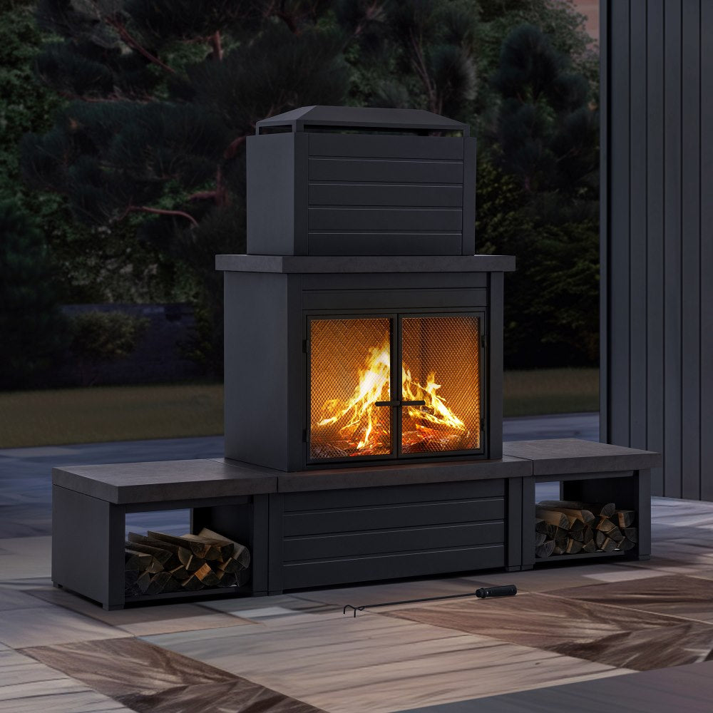 SUNJOY 58 Inch Wood Burning Fireplace, Steel Outdoor Fireplace with Chimney, Log Holders, Fireplace Tool, and PVC Cover