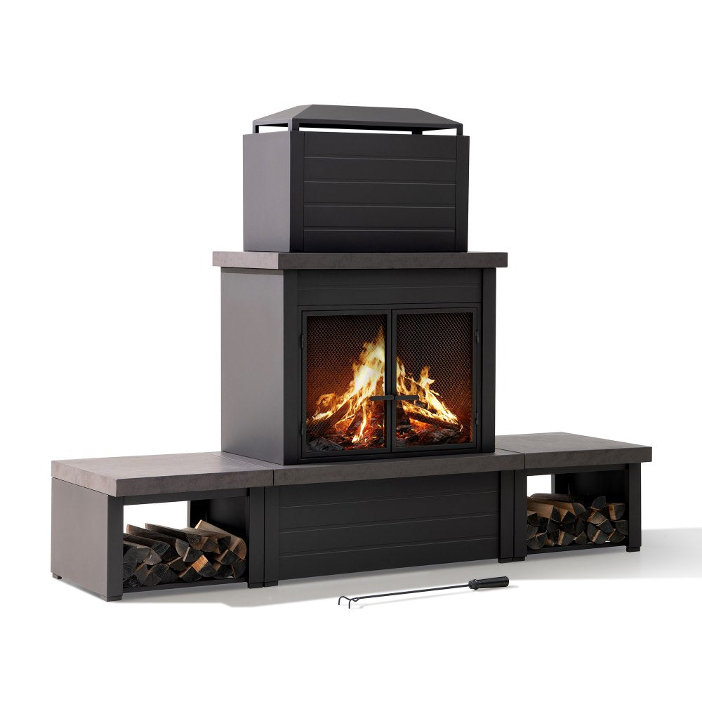 SUNJOY 58 Inch Wood Burning Fireplace, Steel Outdoor Fireplace with Chimney, Log Holders, Fireplace Tool, and PVC Cover